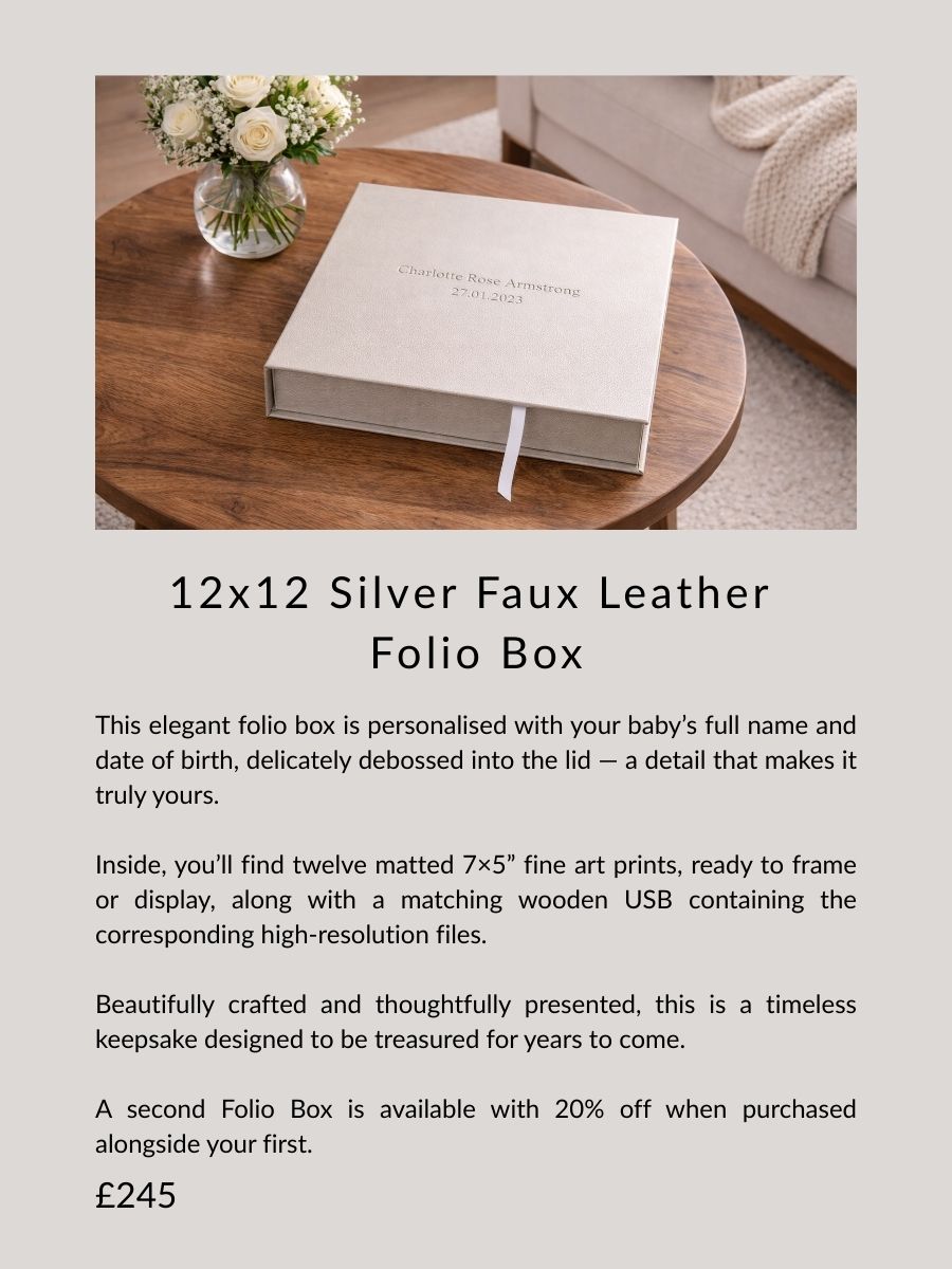 12x12 silver faux leather folio box personalised with baby’s name and date of birth, containing fine art newborn prints for Essex families.