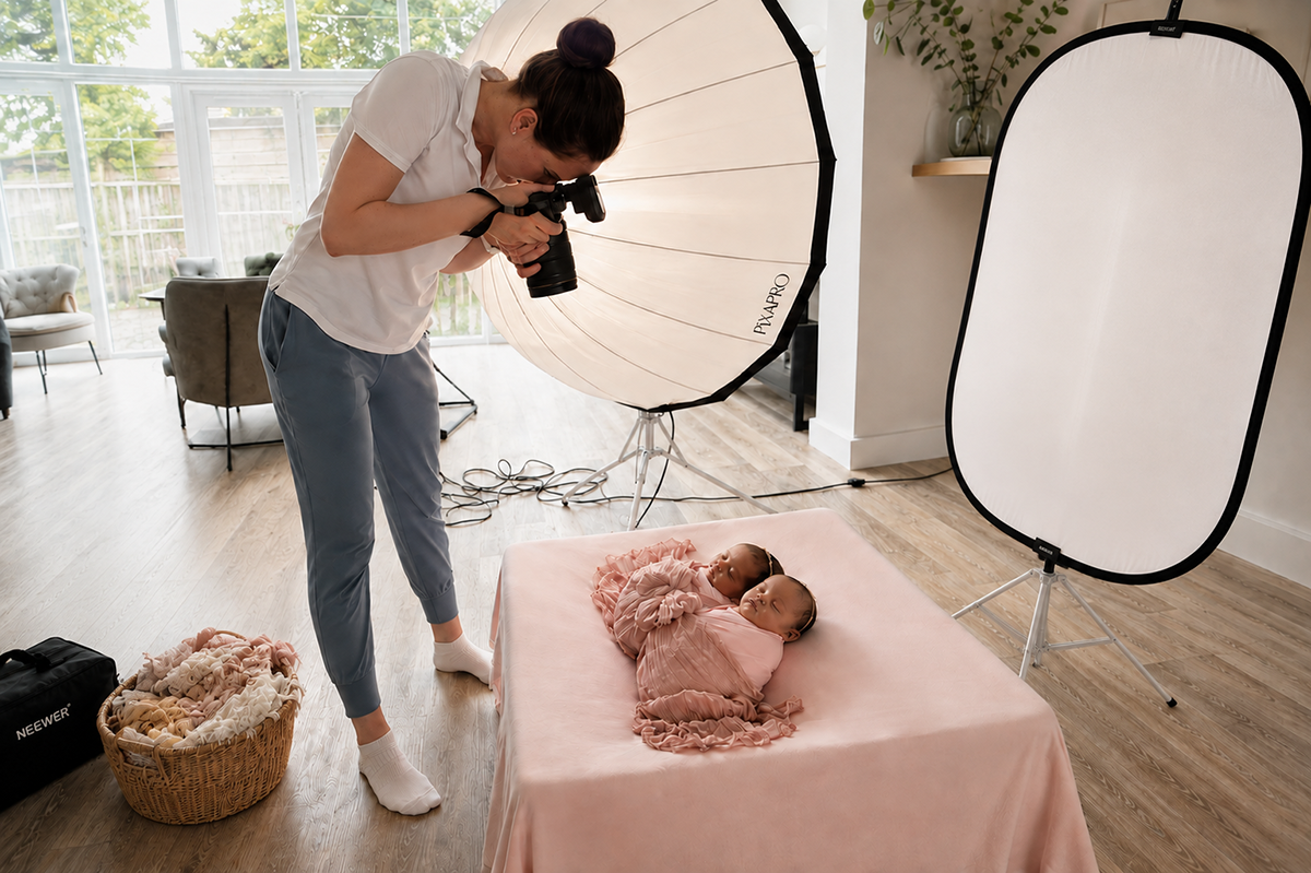 Mobile newborn photographer photographing newborn twins during an at-home photography session in Essex.