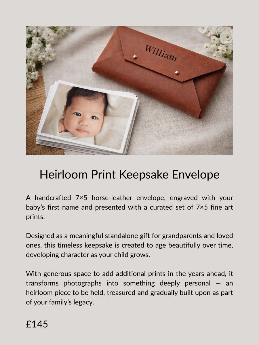 Heirloom print keepsake envelope with personalised name and a curated set of fine art 7x5 newborn prints, available from an in-home newborn photographer in Essex.