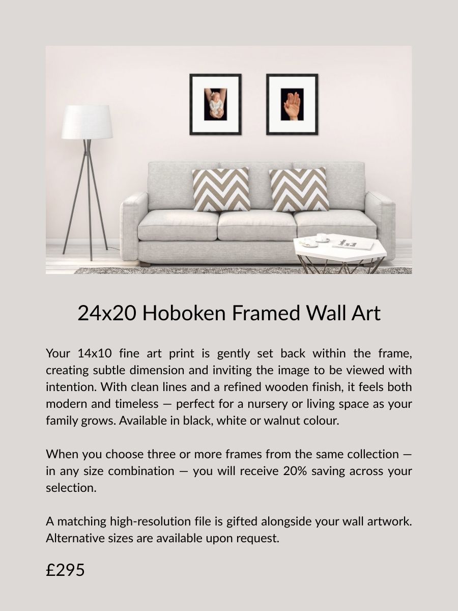 24x20 Hoboken framed wall art with a 14x10 fine art print, designed as timeless home artwork for Essex maternity and newborn photography clients.