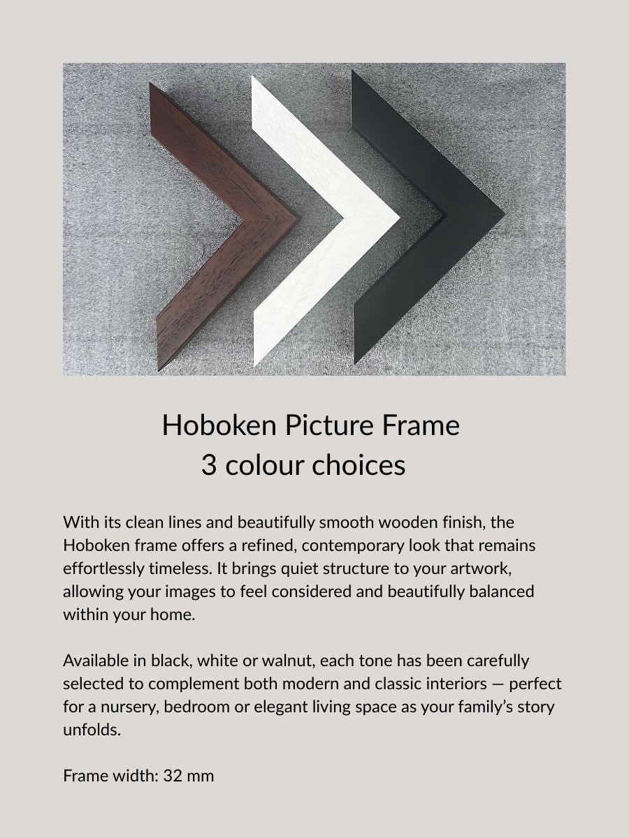 Hoboken wooden picture frame samples in walnut, white and black, contemporary fine art framing available from an in-home newborn photographer in Essex.
