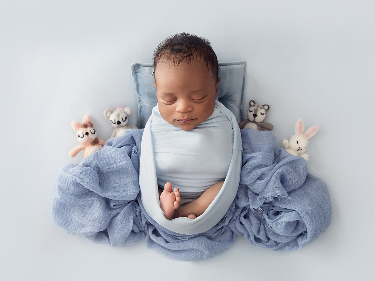 Sleeping newborn baby boy wrapped in soft blue fabric surrounded by small toys during professional newborn photography session in Billericay Essex.