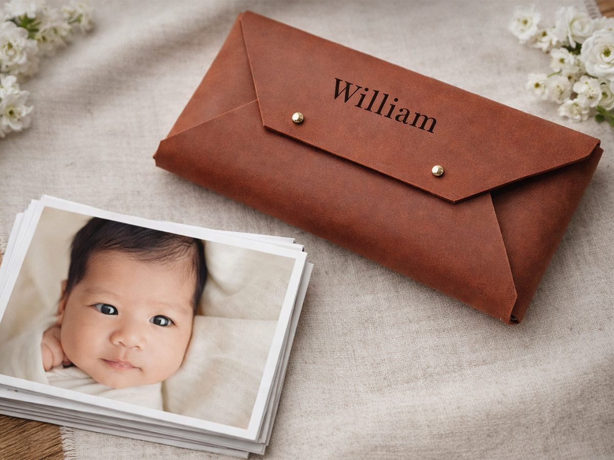 Handcrafted leather keepsake envelope holding fine art newborn prints, designed as an heirloom gift for grandparents in Essex.